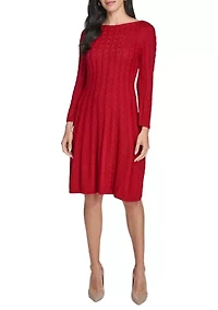 Women's Fitted Sleeve Cable Knit A-Line Sweater Dress