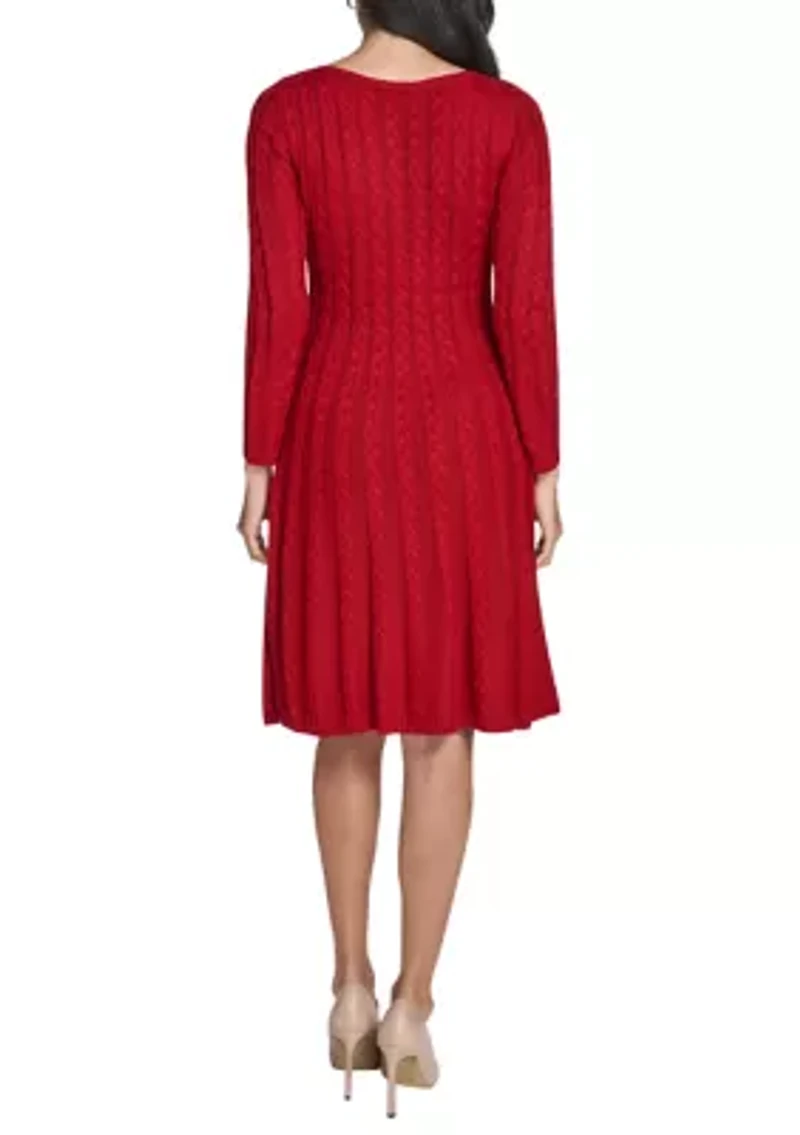 Women's Fitted Sleeve Cable Knit A-Line Sweater Dress