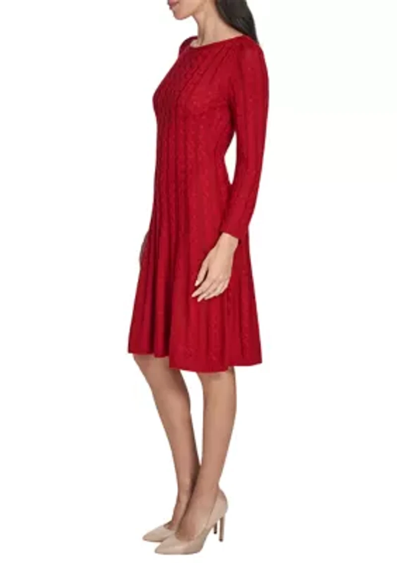 Women's Fitted Sleeve Cable Knit A-Line Sweater Dress