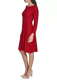 Women's Fitted Sleeve Cable Knit A-Line Sweater Dress