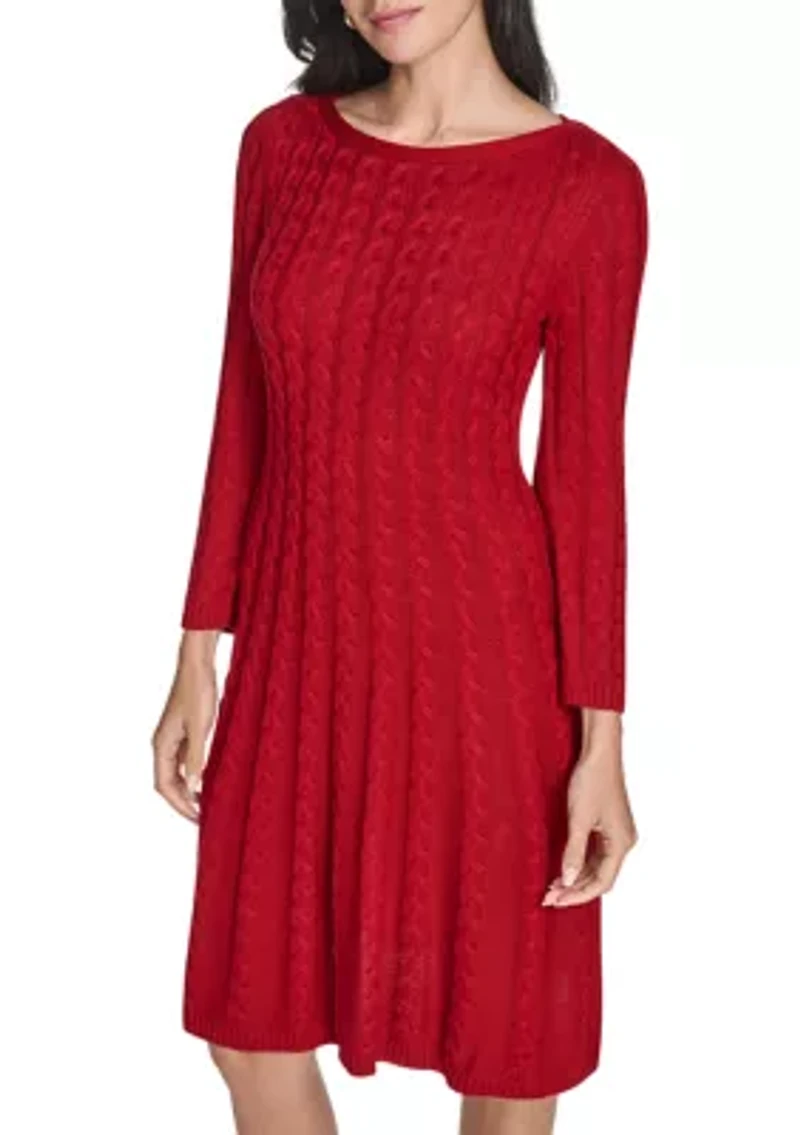 Women's Fitted Sleeve Cable Knit A-Line Sweater Dress