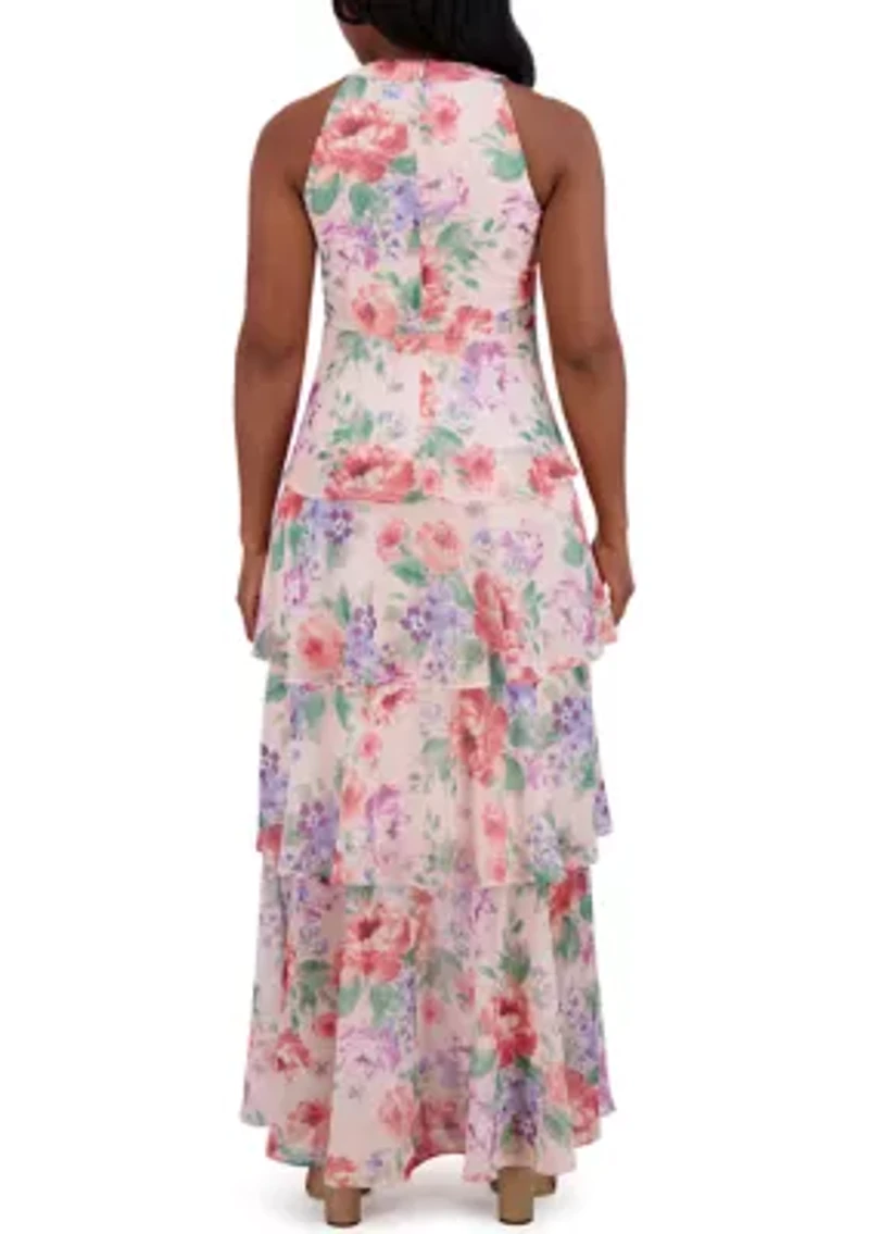 Women's Sleeveless Halter Neck Tiered Floral Printed Maxi Dress