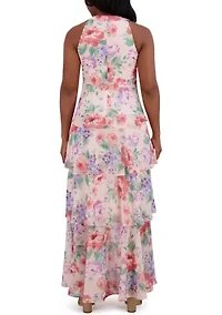 Women's Sleeveless Halter Neck Tiered Floral Printed Maxi Dress