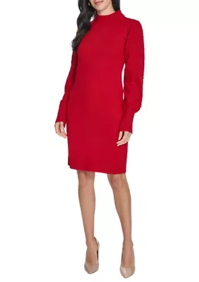 Women's Balloon Sleeve Mock Neck A-Line Sweater Dress
