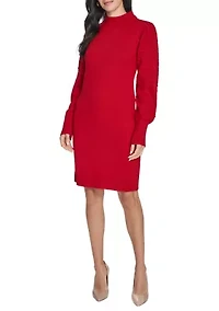 Women's Balloon Sleeve Mock Neck A-Line Sweater Dress