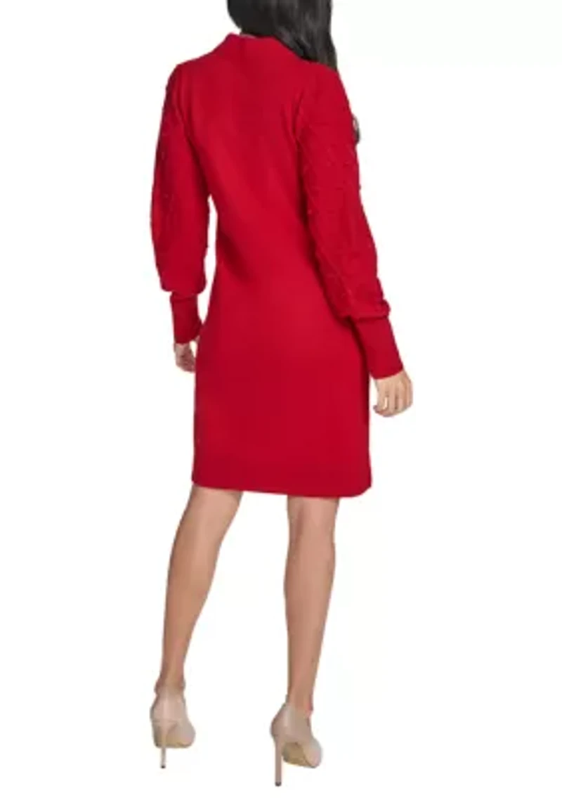 Women's Balloon Sleeve Mock Neck A-Line Sweater Dress