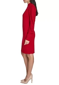 Women's Balloon Sleeve Mock Neck A-Line Sweater Dress