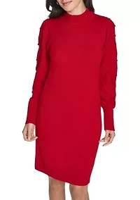 Women's Balloon Sleeve Mock Neck A-Line Sweater Dress