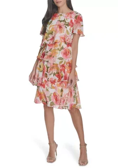 Women's Boat Neck Floral Printed Tiered Dress