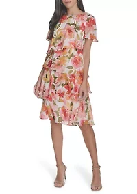 Women's Boat Neck Floral Printed Tiered Dress