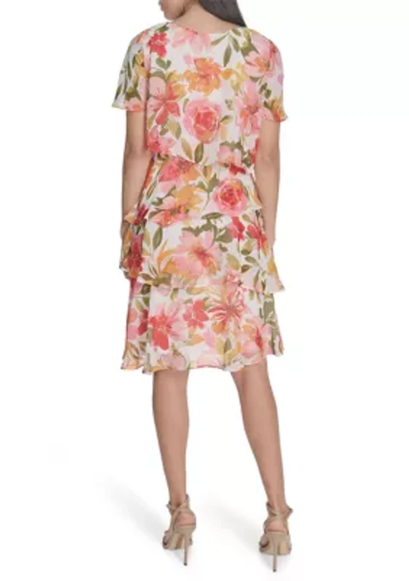 Women's Boat Neck Floral Printed Tiered Dress