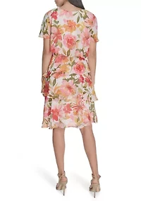 Women's Boat Neck Floral Printed Tiered Dress