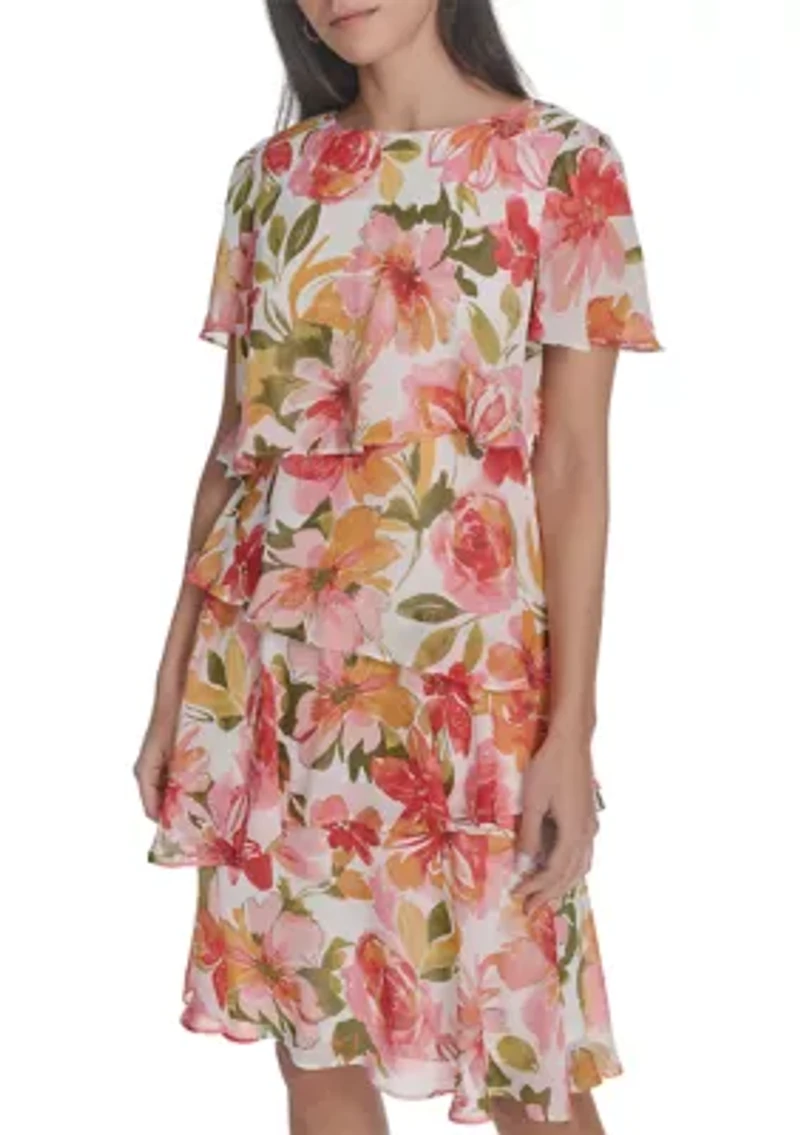 Women's Boat Neck Floral Printed Tiered Dress