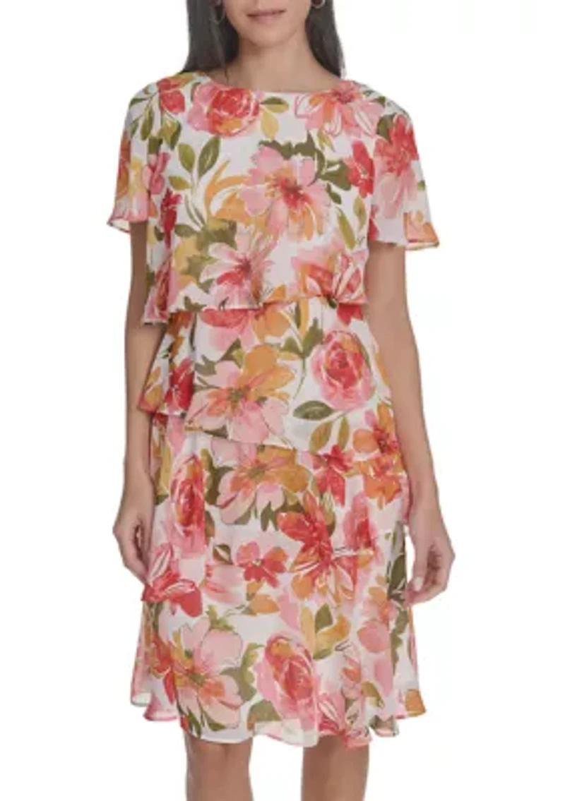 Women's Boat Neck Floral Printed Tiered Dress