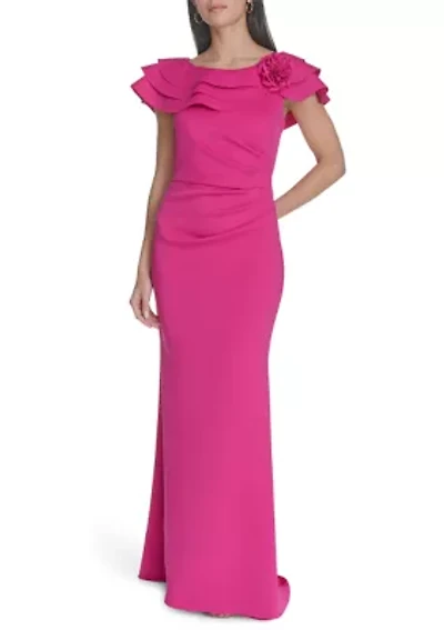 Women's Solid Ruched Ruffle Gown
