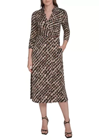 Women's Long Sleeve Collared Printed A-Line Dress