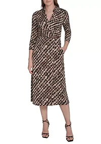 Women's Long Sleeve Collared Printed A-Line Dress