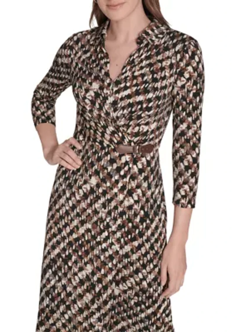 Women's Long Sleeve Collared Printed A-Line Dress