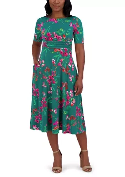 Women's Short Sleeve Crew Neck Floral Print Dress
