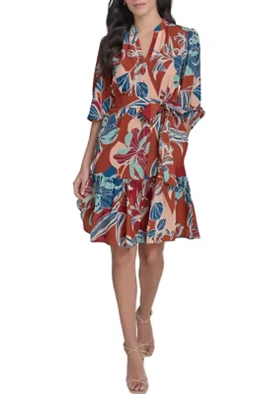 Women's Leaf Printed Tie Waist Dress