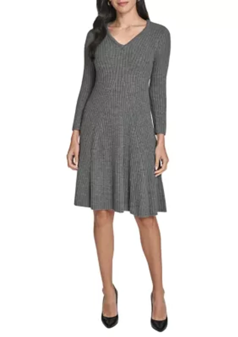 Women's Long Sleeve V-Neck Solid A-Line Sweater Dress