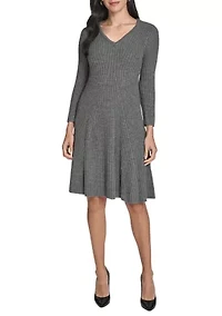 Women's Long Sleeve V-Neck Solid A-Line Sweater Dress