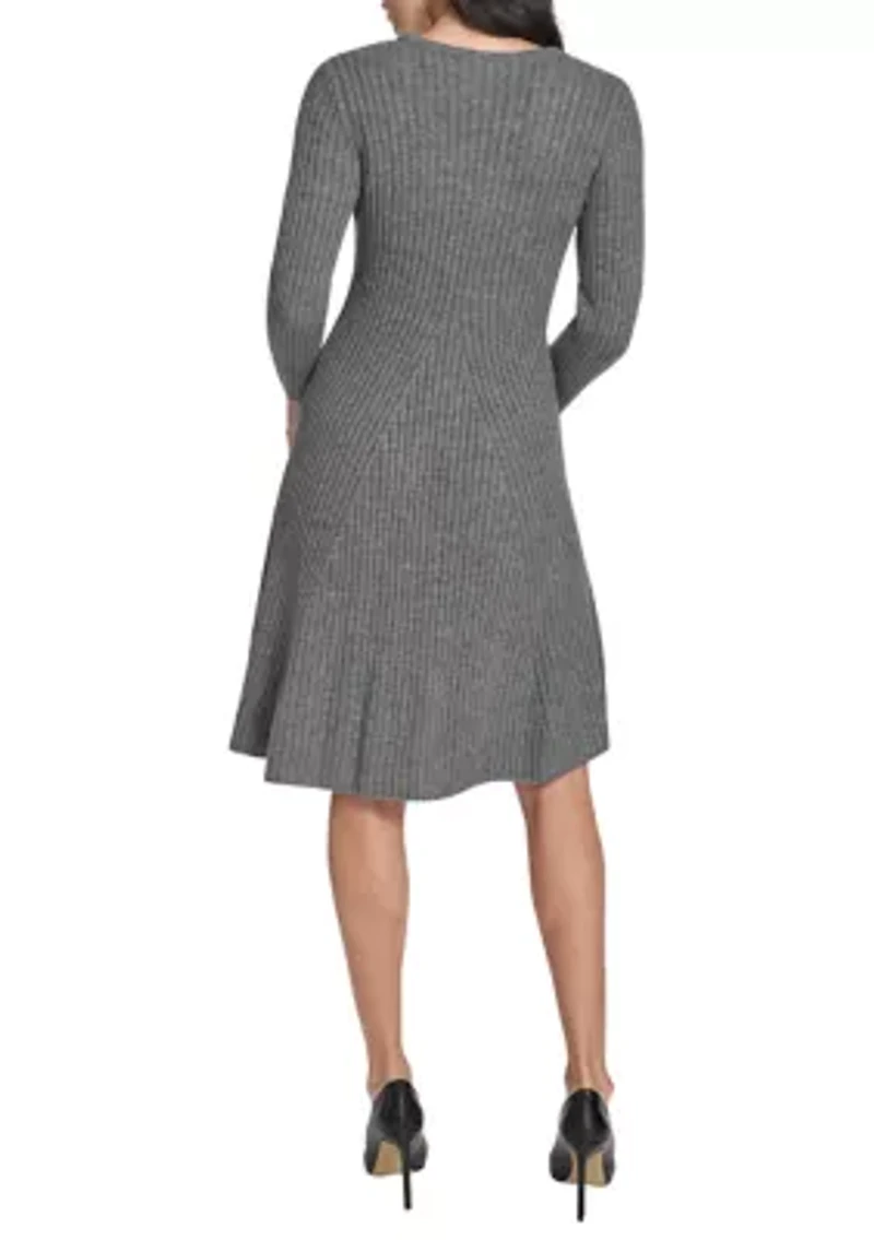 Women's Long Sleeve V-Neck Solid A-Line Sweater Dress