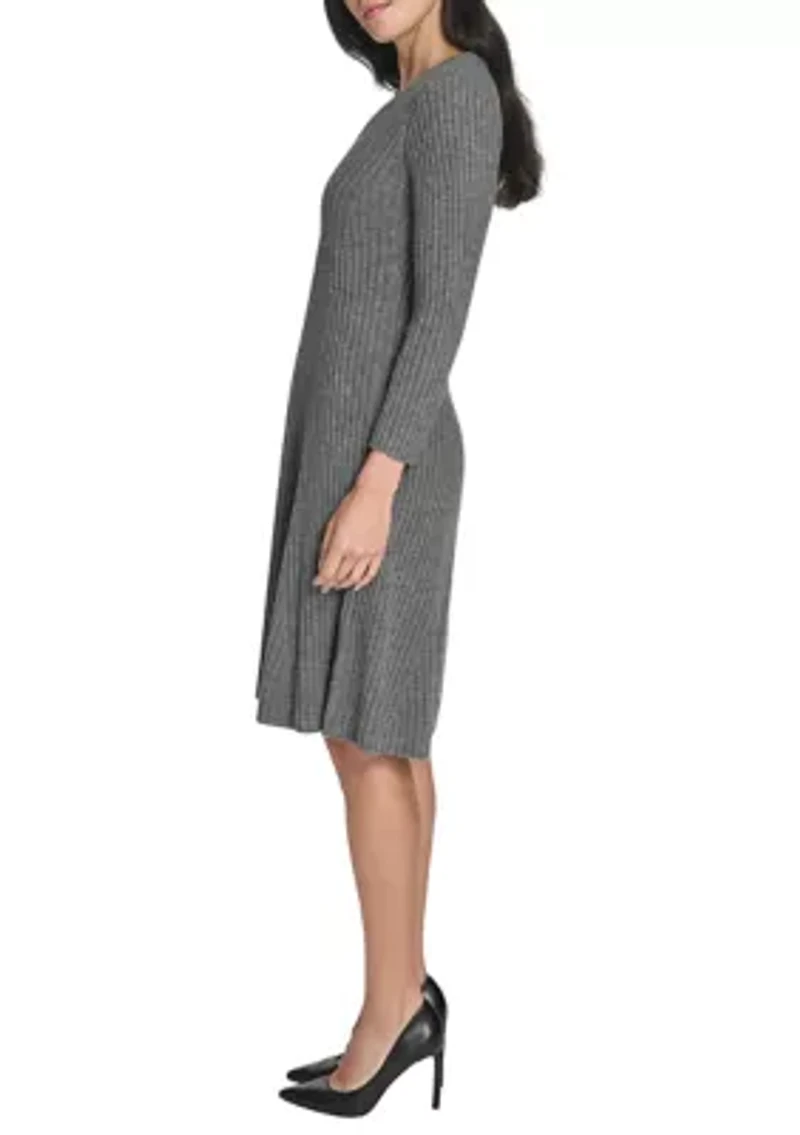 Women's Long Sleeve V-Neck Solid A-Line Sweater Dress