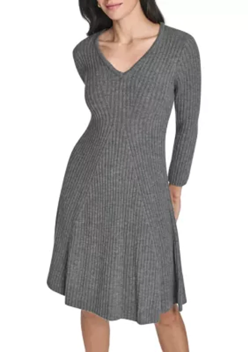 Women's Long Sleeve V-Neck Solid A-Line Sweater Dress