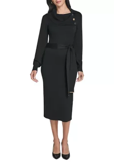 Women's Long Sleeve Mock Neck Solid Tie-Waist Sweater Dress