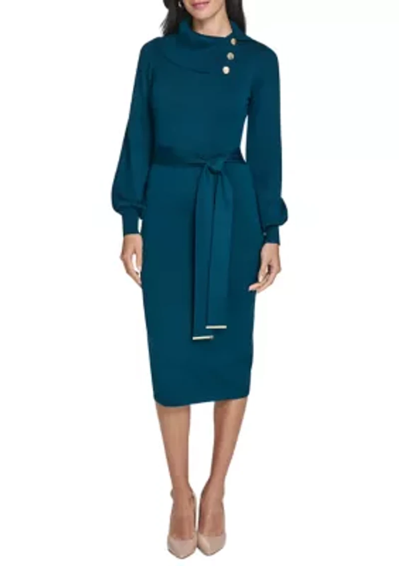 Women's Long Sleeve Mock Neck Solid Tie-Waist Sweater Dress