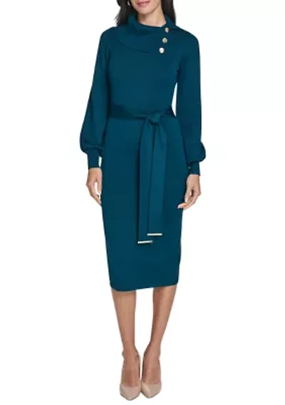 Women's Long Sleeve Mock Neck Solid Tie-Waist Sweater Dress