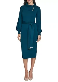 Women's Long Sleeve Mock Neck Solid Tie-Waist Sweater Dress