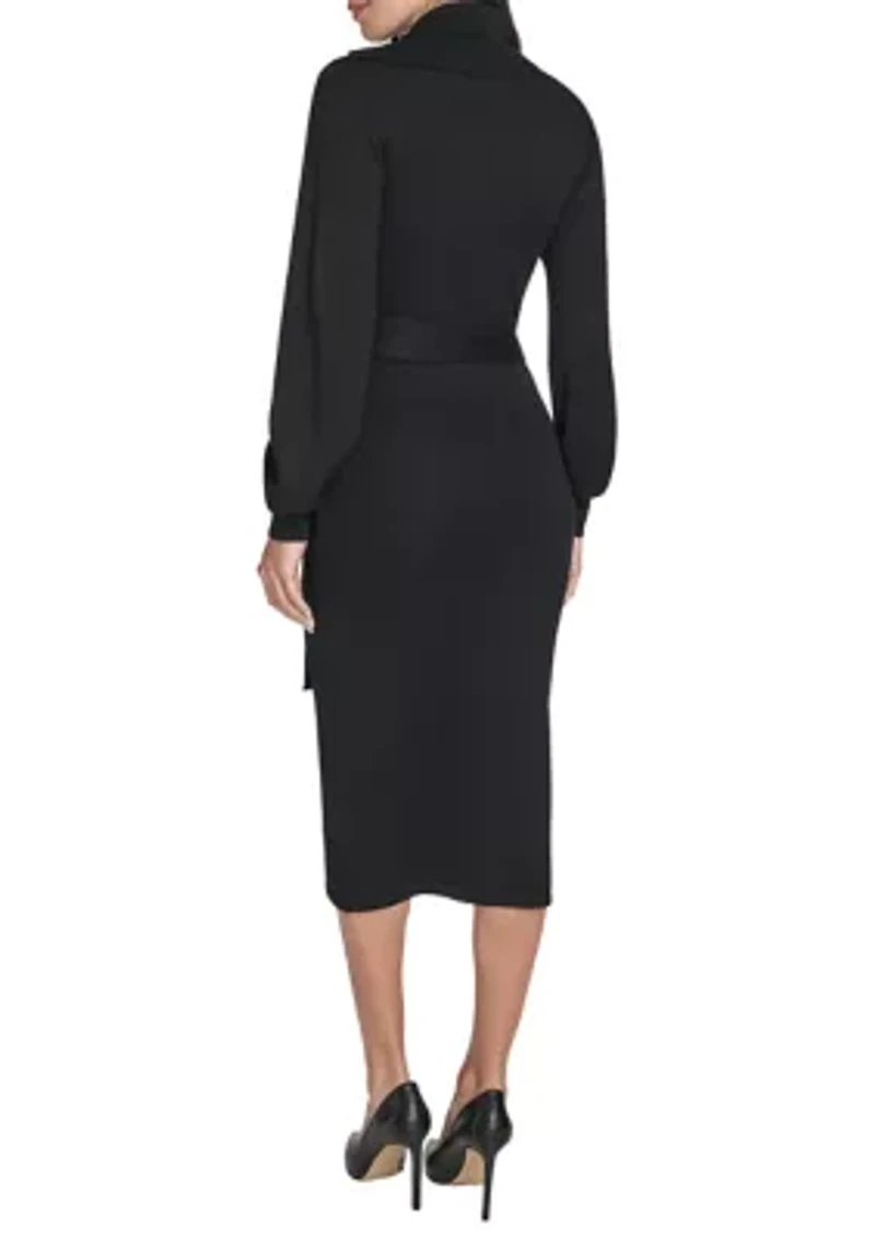 Women's Long Sleeve Mock Neck Solid Tie-Waist Sweater Dress