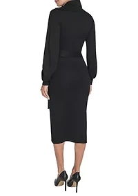 Women's Long Sleeve Mock Neck Solid Tie-Waist Sweater Dress