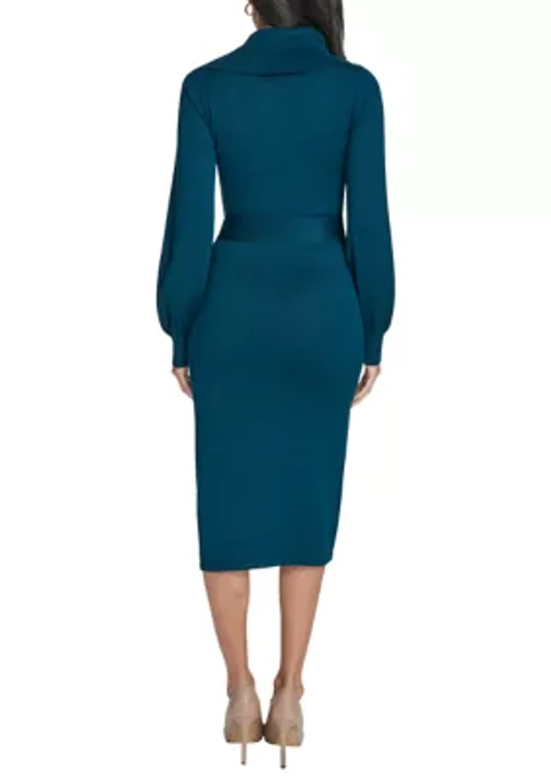 Women's Long Sleeve Mock Neck Solid Tie-Waist Sweater Dress