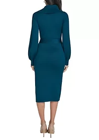 Women's Long Sleeve Mock Neck Solid Tie-Waist Sweater Dress