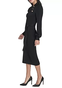 Women's Long Sleeve Mock Neck Solid Tie-Waist Sweater Dress