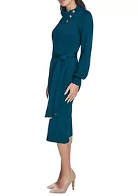 Women's Long Sleeve Mock Neck Solid Tie-Waist Sweater Dress