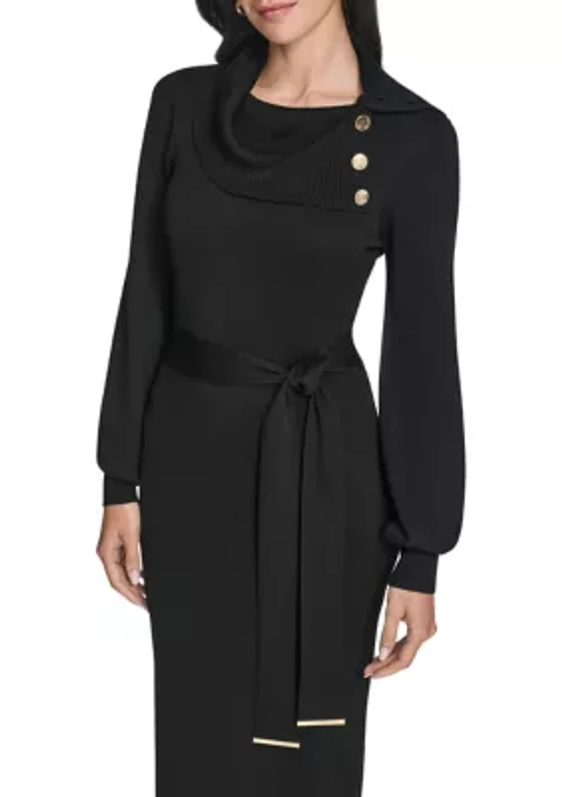 Women's Long Sleeve Mock Neck Solid Tie-Waist Sweater Dress