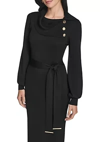 Women's Long Sleeve Mock Neck Solid Tie-Waist Sweater Dress