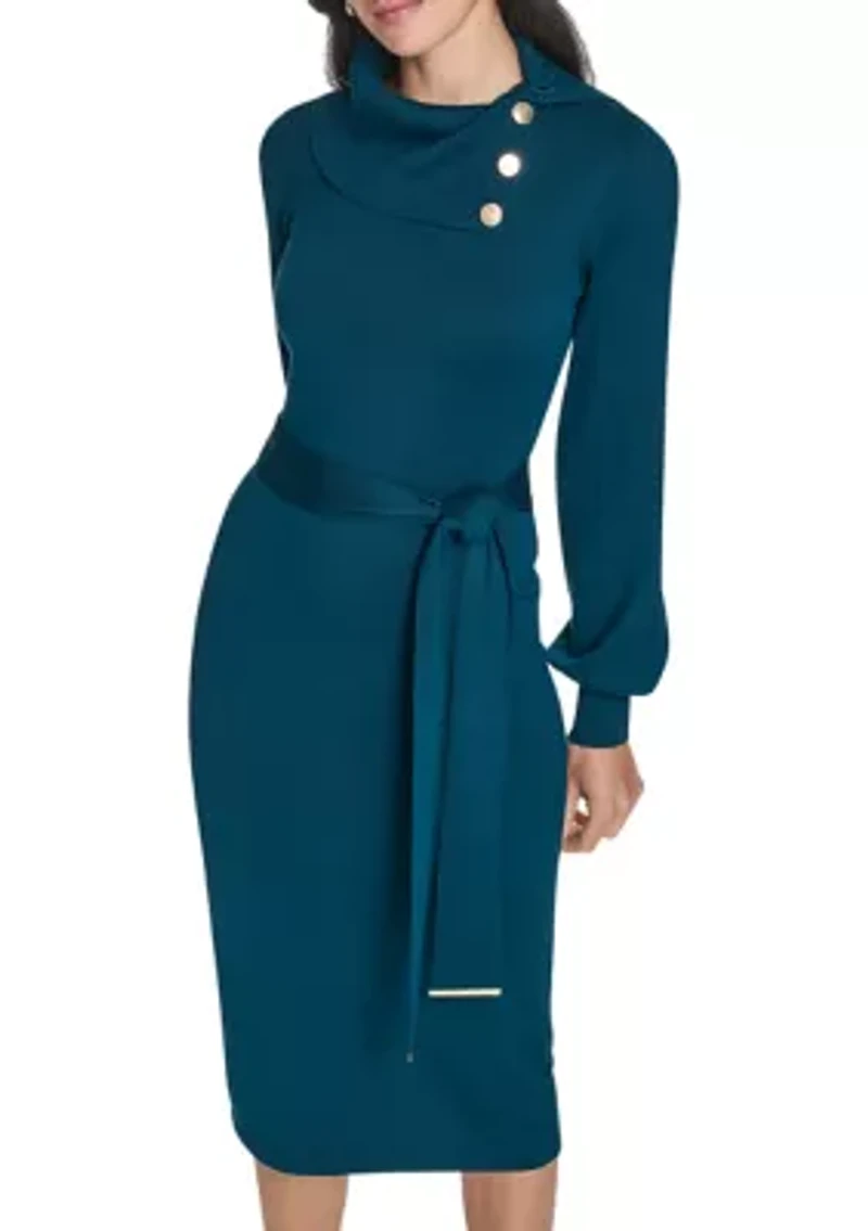 Women's Long Sleeve Mock Neck Solid Tie-Waist Sweater Dress