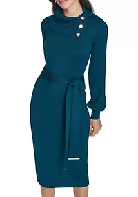 Women's Long Sleeve Mock Neck Solid Tie-Waist Sweater Dress