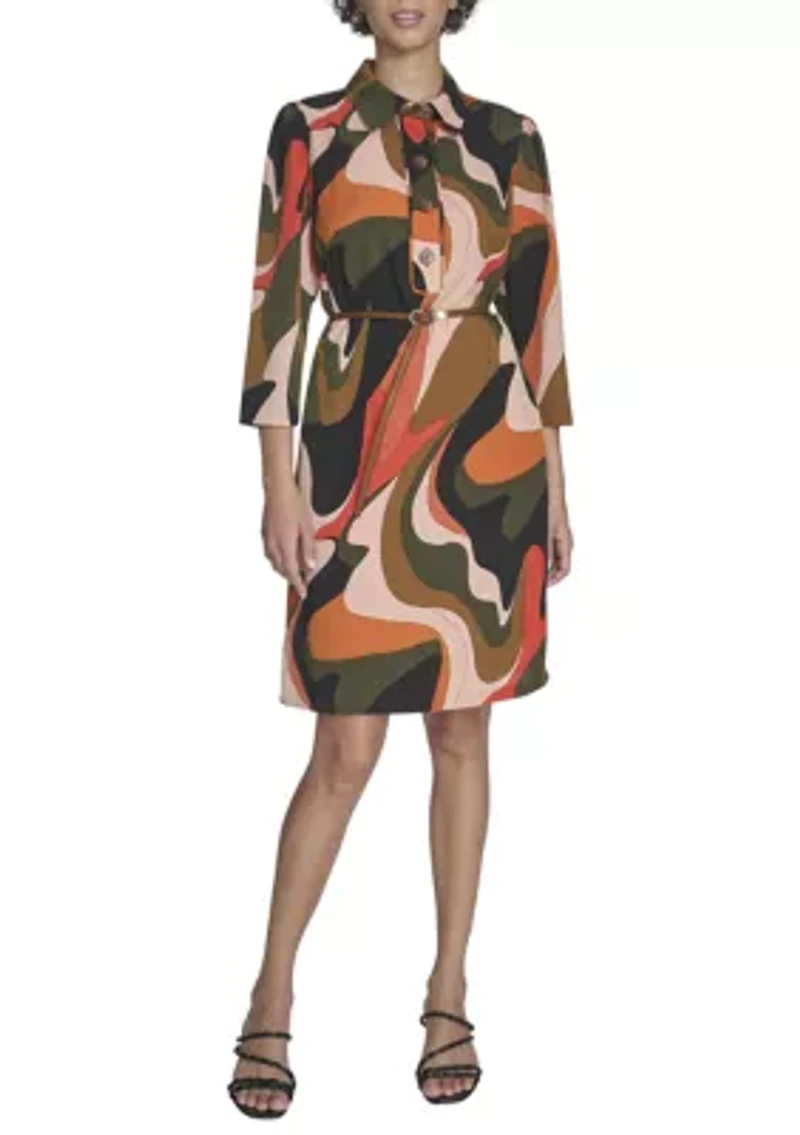 Women's 3/4 Collared Geo Print A-Line Dress