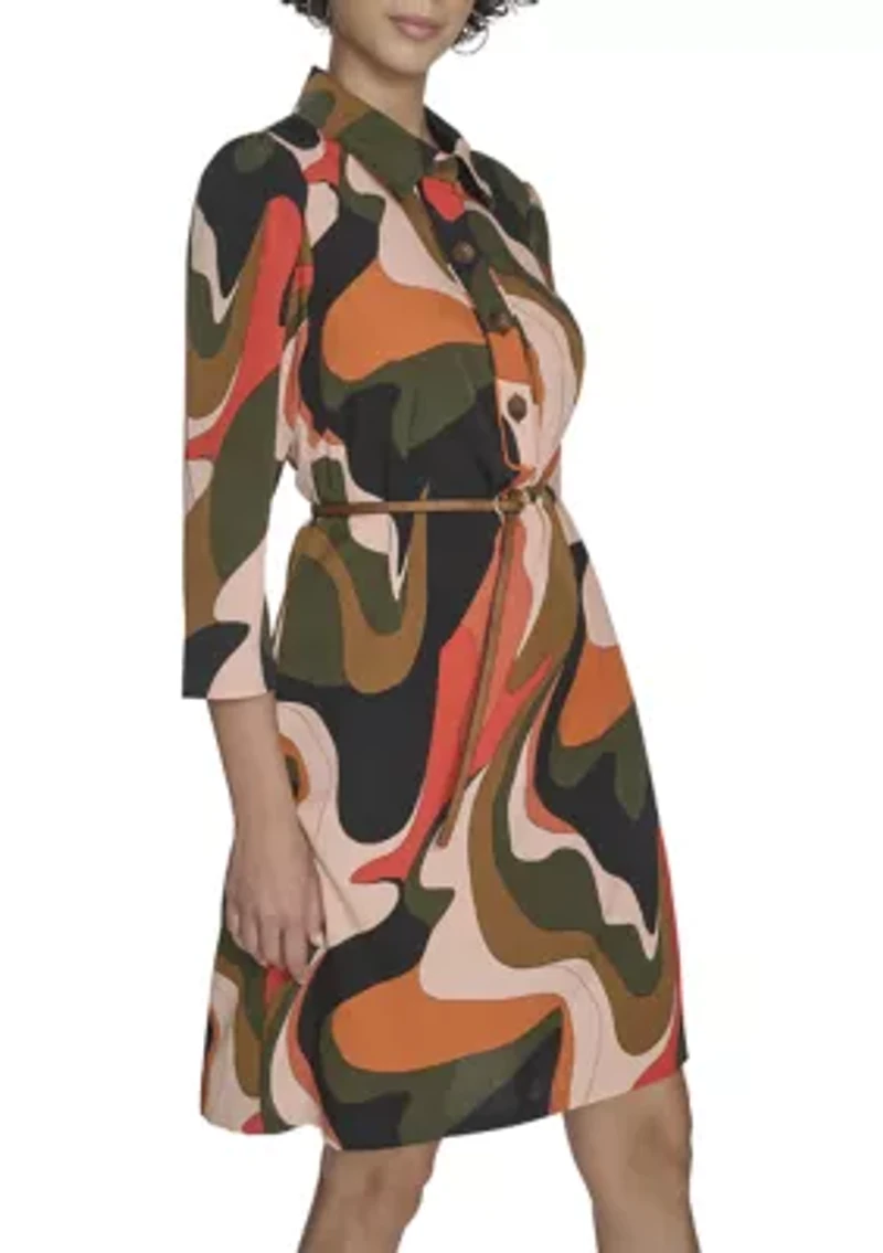 Women's 3/4 Collared Geo Print A-Line Dress