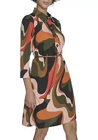 Women's 3/4 Collared Geo Print A-Line Dress