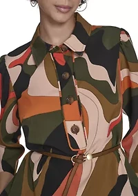Women's 3/4 Collared Geo Print A-Line Dress