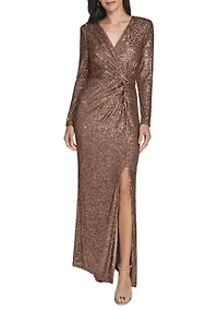 Women's Long Sleeve V-Neck Solid Sequin Slim Gown