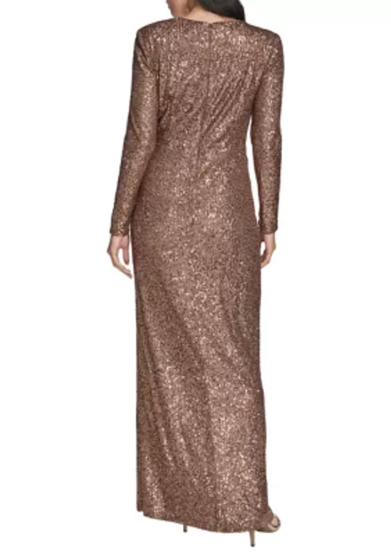 Women's Long Sleeve V-Neck Solid Sequin Slim Gown