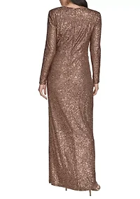 Women's Long Sleeve V-Neck Solid Sequin Slim Gown